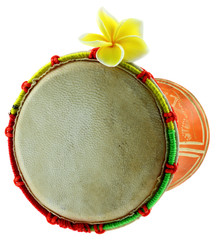 frangipanier sur instrument percussion africaine, fond blanc