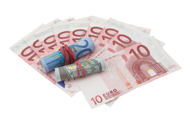 10 euro banknotes, 5 and 20 euro banknotes rolled