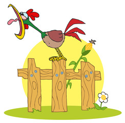 Loud Rooster On A Wood Fence By A Corn Stalk © HitToon.com