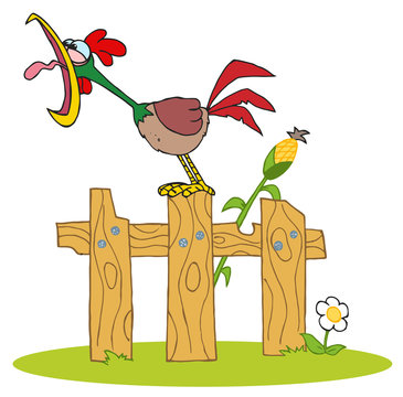 rooster crowing on wooden fence clip art preview