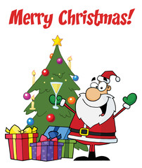 Merry Christmas Greeting With Santa Toasting By A Tree