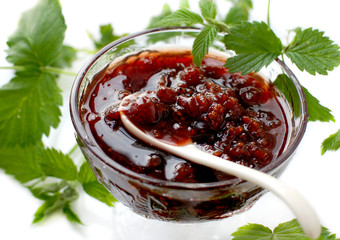 raspberry jam and raspberry leaves