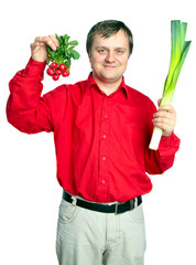 Fototapeta na wymiar Man with vegetable: onion leek and fresh radish