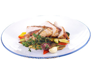 grilled chicken & mediterranean vegetables isolated on white