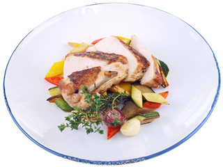 grilled chicken & mediterranean vegetables isolated on white