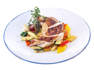 grilled chicken & mediterranean vegetables isolated on white