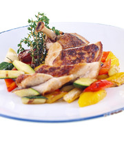 grilled chicken & mediterranean vegetables isolated on white