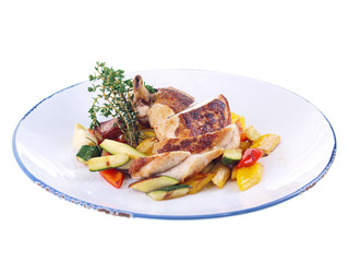 grilled chicken & mediterranean vegetables isolated on white