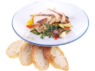 grilled chicken & mediterranean vegetables isolated on white