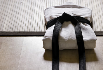 judo gi with black belt - obrazy, fototapety, plakaty
