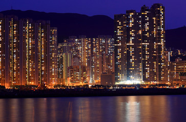 Apartment block at night in Hong Kong