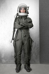 astronaut fashion stand woman space suit helmet