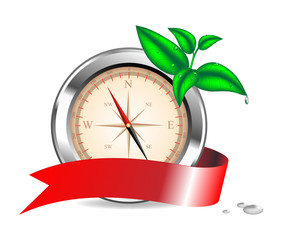 Vector illustration. A compass with a tape and a branch of a gre