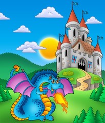 Fototapeta premium Big blue dragon with medieval castle