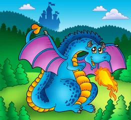 Papier Peint photo autocollant Animaux de la forêt Grand dragon de feu bleu avec le vieux château