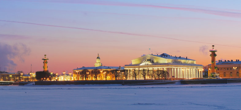Arrow of Vasilevsky Island in winter, St. Petersburg, Russia.