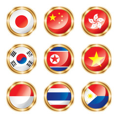 Flag buttons Asia one. Vector, each in separated layer