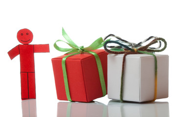Red toy man and present boxes