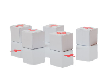 White boxes with red cross