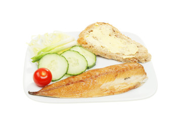 Smoked mackerel salad and bread on a plate