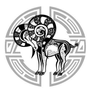 Zodiac Wheel with sign of Aries.Tattoo design