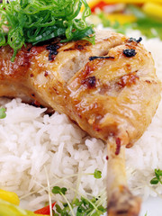 barbecue chicken, rice & mango salad isolated on white