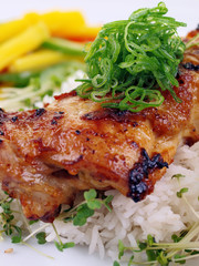 barbecue chicken, rice & mango salad isolated on white