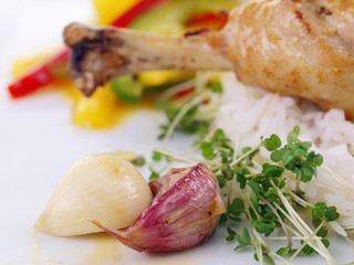 garlic chicken, rice, mango salad isolated on white background