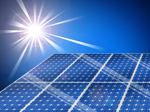 Solar panels with a bright shining sun on a blue sky