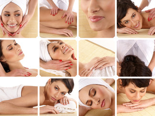 Obraz na płótnie Canvas A collage of spa treatment images with attractive women
