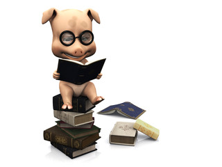 Cute cartoon pig sitting on a pile of books. © Sarah Holmlund