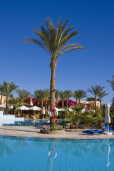 Swimming pool on a sunny day. Hurghada city in Egypt.