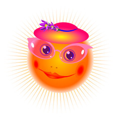 The smiling sun in pink glasses and a hat with a flower