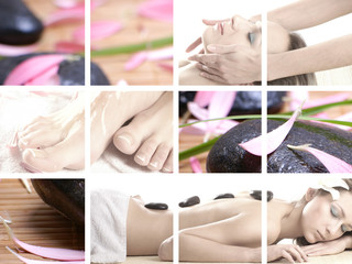 A collage of spa treatment images with a young woman