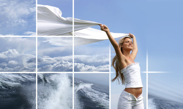 Set of images with a young blond on a sky and water background