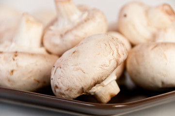 White mushrooms on a brown plate