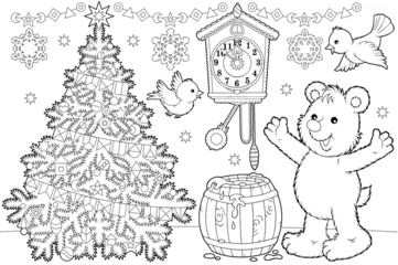 Foto auf Glas Weihnachtsbaum und Bärenjunge mit einem Fass Honig © Alexey Bannykh