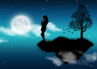 Girl on breakaway pensive looks at get fat moon