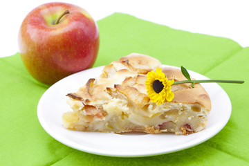 apple pie, a flower on a plate and apple