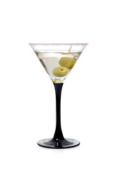 Martini with olives on a white background