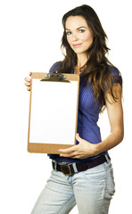 Beautiful young girl holding a clipboard with blank paper