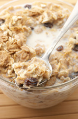 Muesli with milk close-up