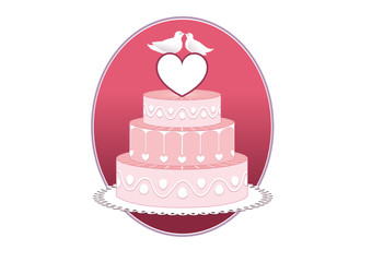 Torta rosa di nozze con cuore e colombi