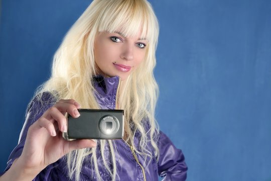 Fashion Blonde Girl Photo Camera Mobile Phone Blue