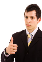 young business man showing thumbs up sign, isolated on white