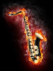 Papier Peint photo Lavable Flamme Saxophone en flamme