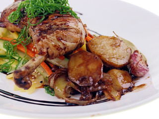 filipino chicken adobo, potatoes & salad isolated on white
