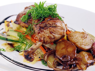 filipino chicken adobo, potatoes & salad isolated on white