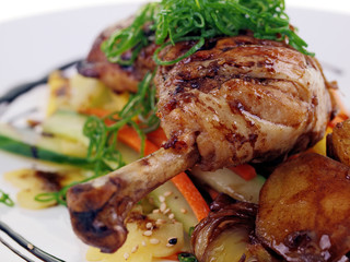 filipino chicken adobo, potatoes & salad isolated on white