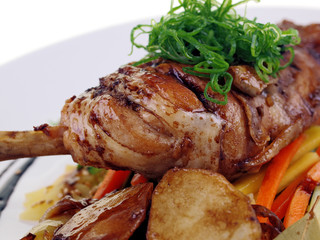filipino chicken adobo, potatoes & salad isolated on white